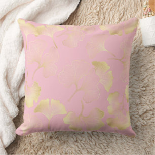 Cojín Decorativo Patrón rosa de arte de línea dorada de Ginkgo japo