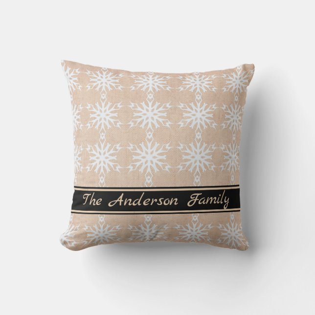 Cojín Decorativo Patrón Rustic Burlap White Snowflake Personalizado (Anverso)