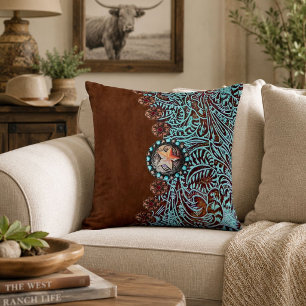 Cojín Decorativo Patrón rústico marrón turquesa país occidental