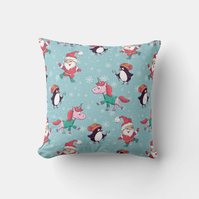 Cojín Decorativo Patrón Santa Pingüino Y Unicornio (Anverso)