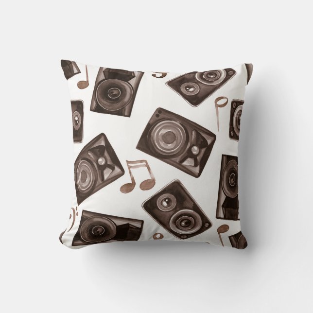 Cojín Decorativo Patrón Sepia de altavoces de música acuarela (Anverso)
