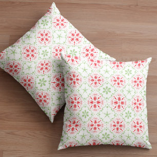 Cojín Decorativo Patrón Simple de Copo de Nieve Rojo y Verde