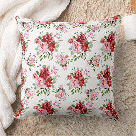 Cojín Decorativo Patrón sin foco acuarela rojo y rosa floral