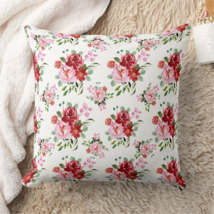 Cojín Decorativo Patrón sin foco acuarela rojo y rosa floral