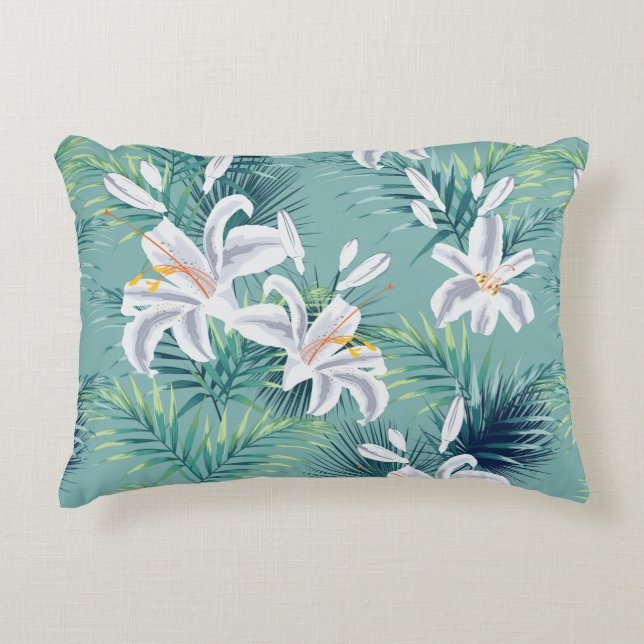 Cojín Decorativo Patrón sin foco con hojas tropicales y lías reales (Anverso)