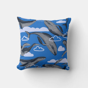 Cojín Decorativo Patrón sin foco de ballenas azules. vintag dibuja