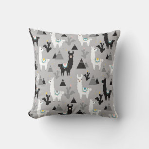 Cojín Decorativo Patrón sin foco de cactus de llama y montañas