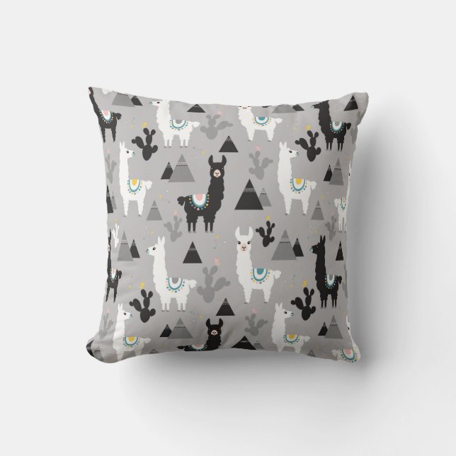 Cojín Decorativo Patrón sin foco de cactus de llama y montañas (Anverso)