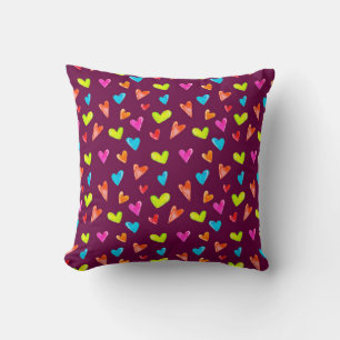 Cojín Decorativo Patrón sin foco de corazones multicolores en un pu