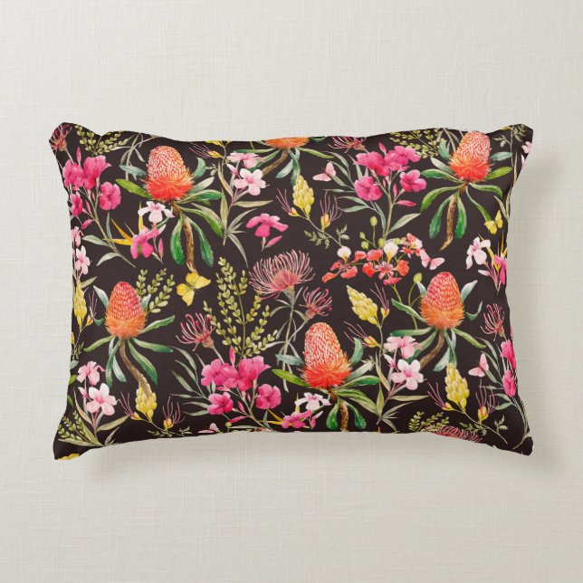 Cojín Decorativo Patrón tropical acuarela, flores, bansias o (Anverso)
