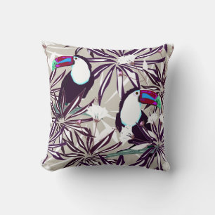Cojín Decorativo Patrón tropical con palmeras y aves.