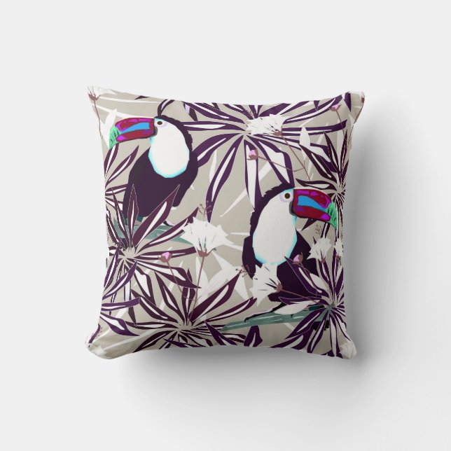 Cojín Decorativo Patrón tropical con palmeras y aves. (Anverso)