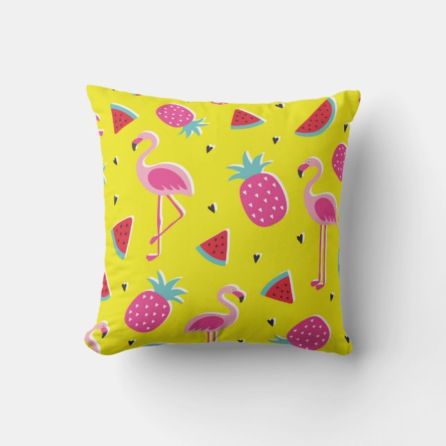 Cojín Decorativo  patrón tropical con piña rosa, flamencos, w (Anverso)
