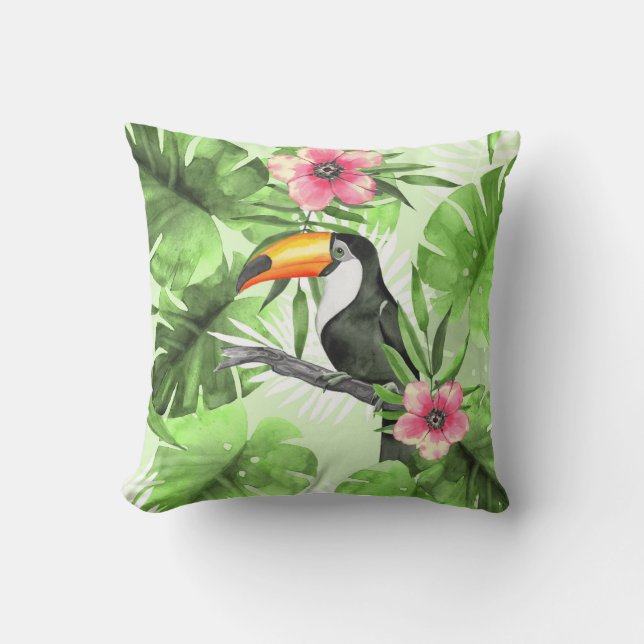 Cojín Decorativo Patrón tropical con tocan (Anverso)