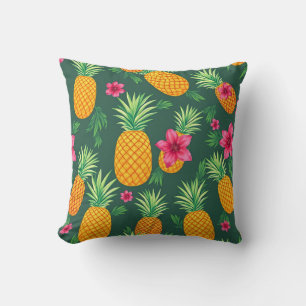 Cojín Decorativo Patrón Tropical de Piña e Hibisco