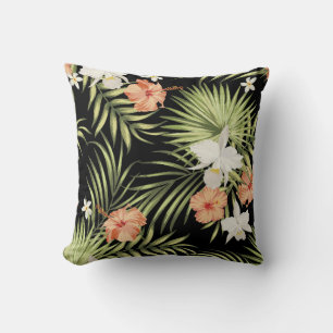 Cojín Decorativo patrón tropical vintage con flores de hibisco y