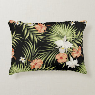 Cojín Decorativo patrón tropical vintage con flores de hibisco y