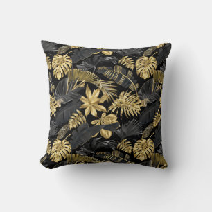 Cojín Decorativo Patrón trópico moderno y elegante de oro negro