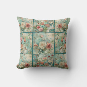 Cojín Decorativo Patrón verde azulado de codorniz floral vintage