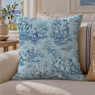 Cojín Decorativo Patrón Vintage Azul Turquesa Toile de Jouy Francés