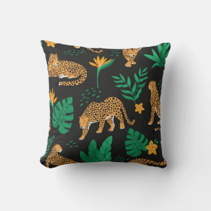 Cojín Decorativo Patrón vintage con leopardos y hojas tropicales 