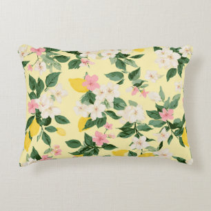 Cojín Decorativo Patrón vintage de limón y flores en amarillo