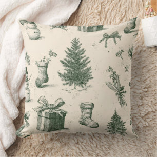 Cojín Decorativo Patrón vintage de Navidad en verde bosque y crema 