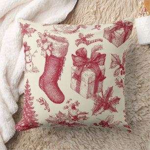Cojín Decorativo Patrón vintage de toile rojo de Navidad con calcet