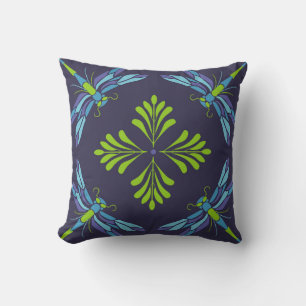 Cojín Decorativo Patrón vintage libélula azul verde sobre fondo osc