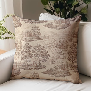 Cojín Decorativo Patrón Vintage Toile de Jouy Marrón Beige Campestr