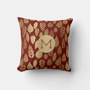 Cojín Decorativo Patrón y monograma de oro y hoja roja