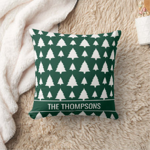 Cojín Decorativo Patrón y texto de árbol de Navidad de abeto verde 