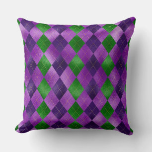 COJÍN DECORATIVO PATRONES DE DIAMANTE DE MARDI GRAS PURPURA Y VERDE