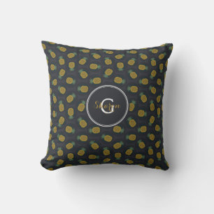 Cojín Decorativo Patrones de piña de oro negro retro monograma