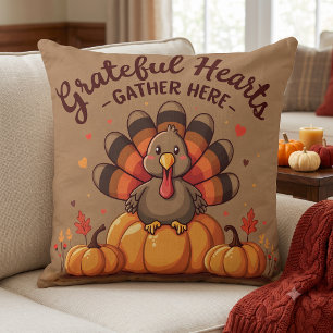 Cojín Decorativo Pavo de Acción de Gracias de Corazones Agradecidos