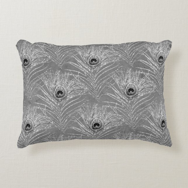 Cojín Decorativo Pavo de pavo real con elegante patrón gris platead (Anverso)