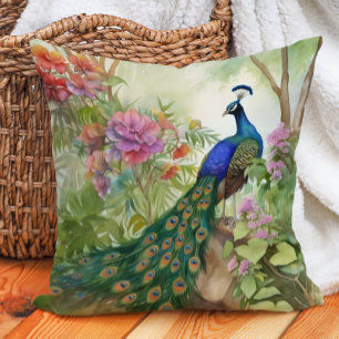 Cojín Decorativo Pavo Real Azul Verde Elegante Flores Rosadas Bosqu