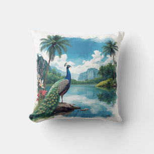 Cojín Decorativo Pavo Real Bonito en un Paraíso Tropical