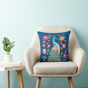 Cojín Decorativo Pavo real colorido con plumas de Naranja verde azu