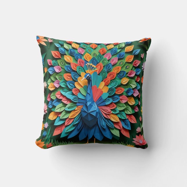 Cojín Decorativo Pavo Real de Origami (Anverso)