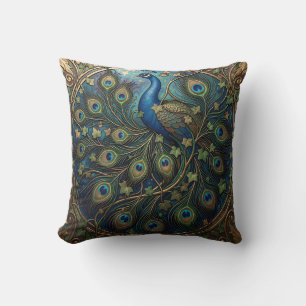 Cojín Decorativo Pavo Real Dorado Ornamentado Art Nouveau Hiedra