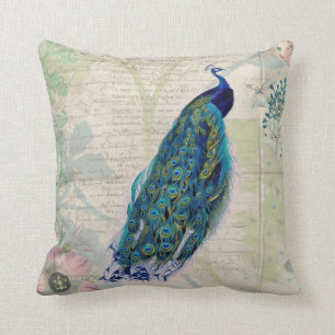 Cojín Decorativo Pavo real, flores y mariposa del vintage