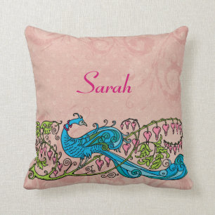 Cojín Decorativo Pavo real personalizado del vintage en rosa