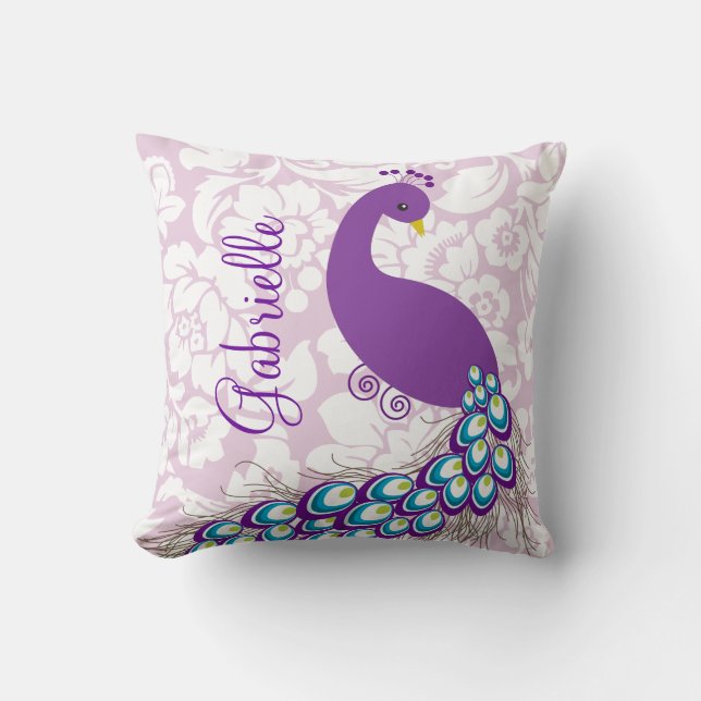 Cojín Decorativo Pavo real púrpura del damasco moderno elegante (Anverso)