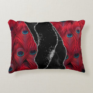 Cojín Decorativo Pavo Real Rojo Negro Mármol Ágata Glam