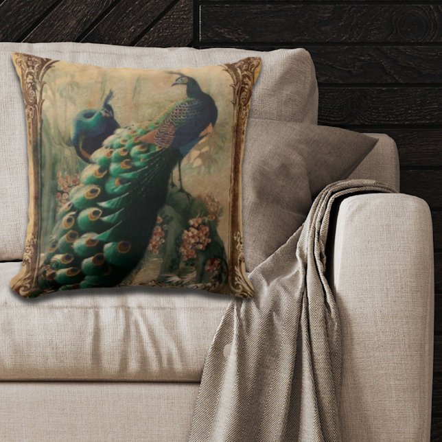 Cojín Decorativo pavo real victoriano con flores (victorian vintage floral parisian peacock throw pillow)