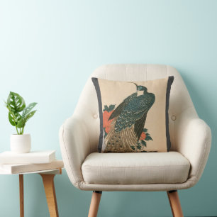 Cojín Decorativo Pavo real y peonías de Hiroshige, Arte japonés
