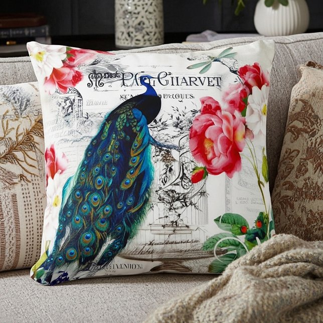 Cojín Decorativo Pavo real y rosas (Subido por el creador)