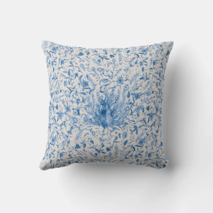 Cojín Decorativo Pavos Reales de Acuarela Patrón Floral Azul Marfil