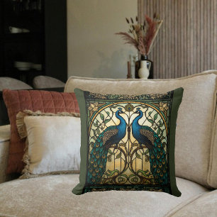 Cojín Decorativo Pavos Reales Gemelos Reflejados en Vidrio Pintado
